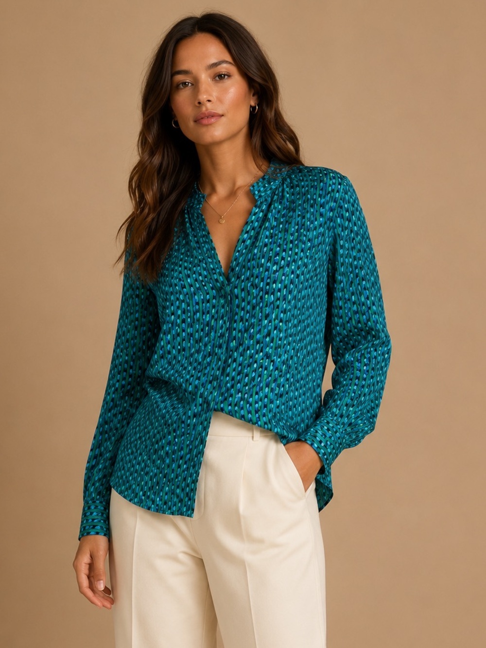 Liz Claiborne Green Blue Geometric Print Long Sleeve Blouse Retro Chic M